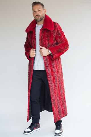 Men's Full Length Sculptured Mink Fur Coat with Full Mink Fur Collar.