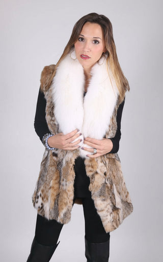 sectioned bobcat fur vest with white fox collar