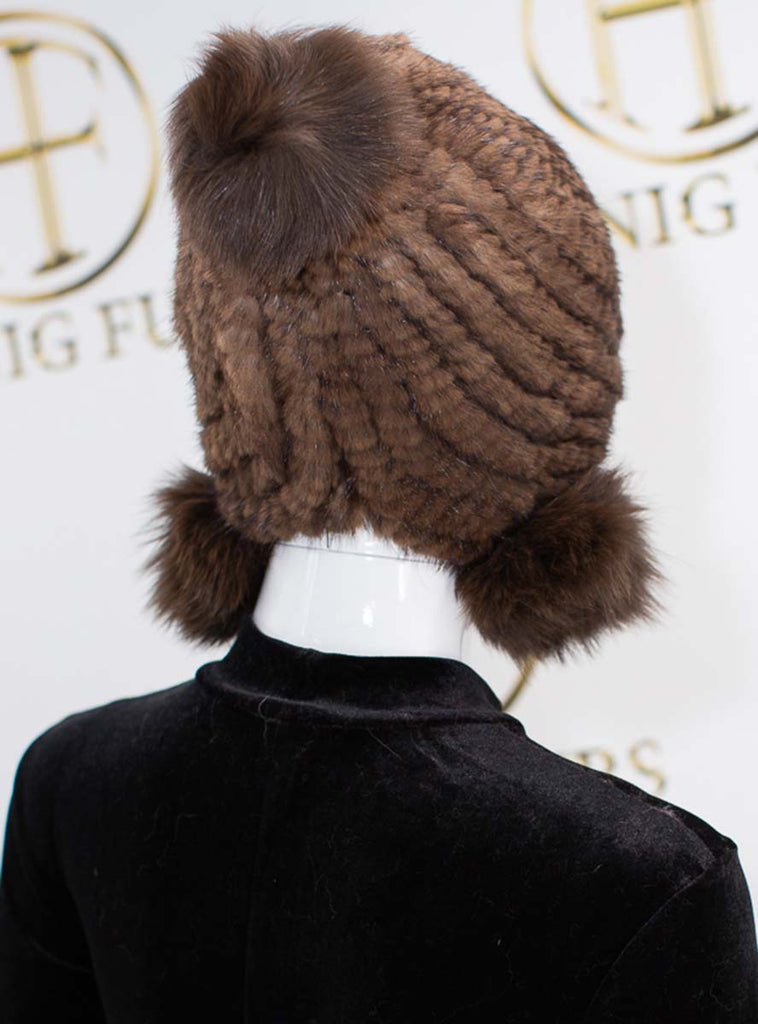 back of brown knitted mink fur hat