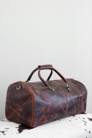 Leather Duffle Bag with Detachable Leather Shoulder Strap.