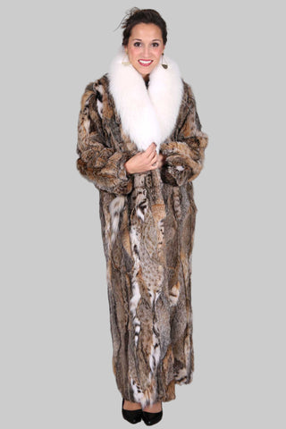 sectioned bobcat fur coat with fox fur collar