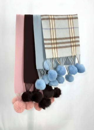 Pink, Brown, Blue, and Blue Plaid Scarves with Rabbit Fur Pom Poms