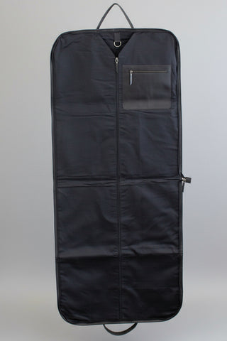 inside of black & white cowhide leather garment bag