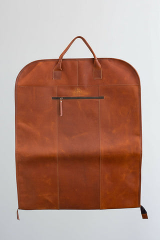 Tan leather garment bag