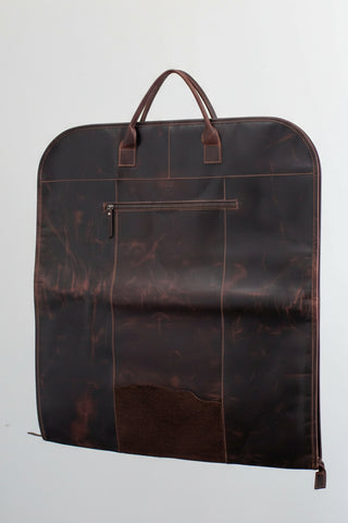 distressed brown leather garment bag