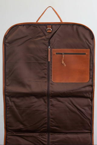 inside of tan leather garment bag
