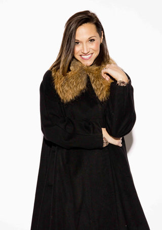 Cashmere Blend Coat with Raccoon Fur Shawl Collar.