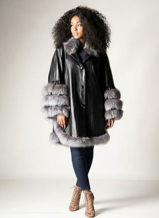 Leather Cape with Fox Fur Trim.
