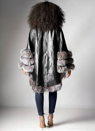 Leather Cape with Fox Fur Trim.