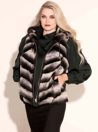 Reversible Chevron Rex Rabbit Fur Vest with Hood.