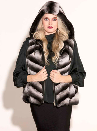 Reversible Chevron Rex Rabbit Fur Vest with Hood.