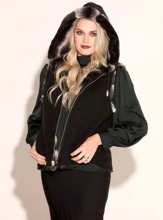 Reversible Chevron Rex Rabbit Fur Vest with Hood.