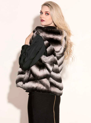 Reversible Chevron Rex Rabbit Fur Vest with Hood.