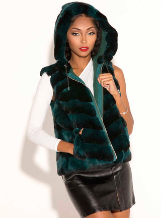 Reversible Chevron Rex Rabbit Fur Vest with Hood.