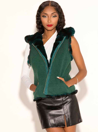 Reversible Chevron Rex Rabbit Fur Vest with Hood.