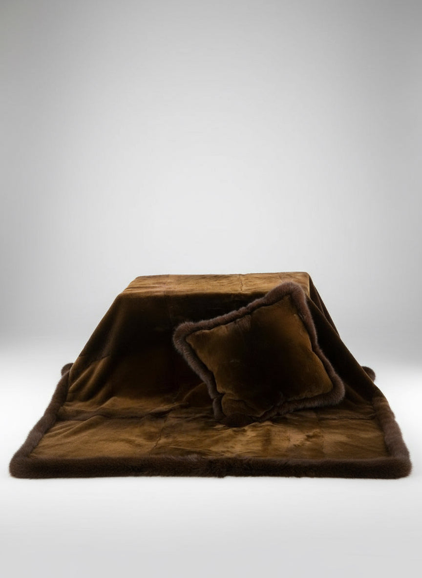 Golden Brown Sheared Beaver Fur Blanket with Brown Fox Fur Trim Henig
