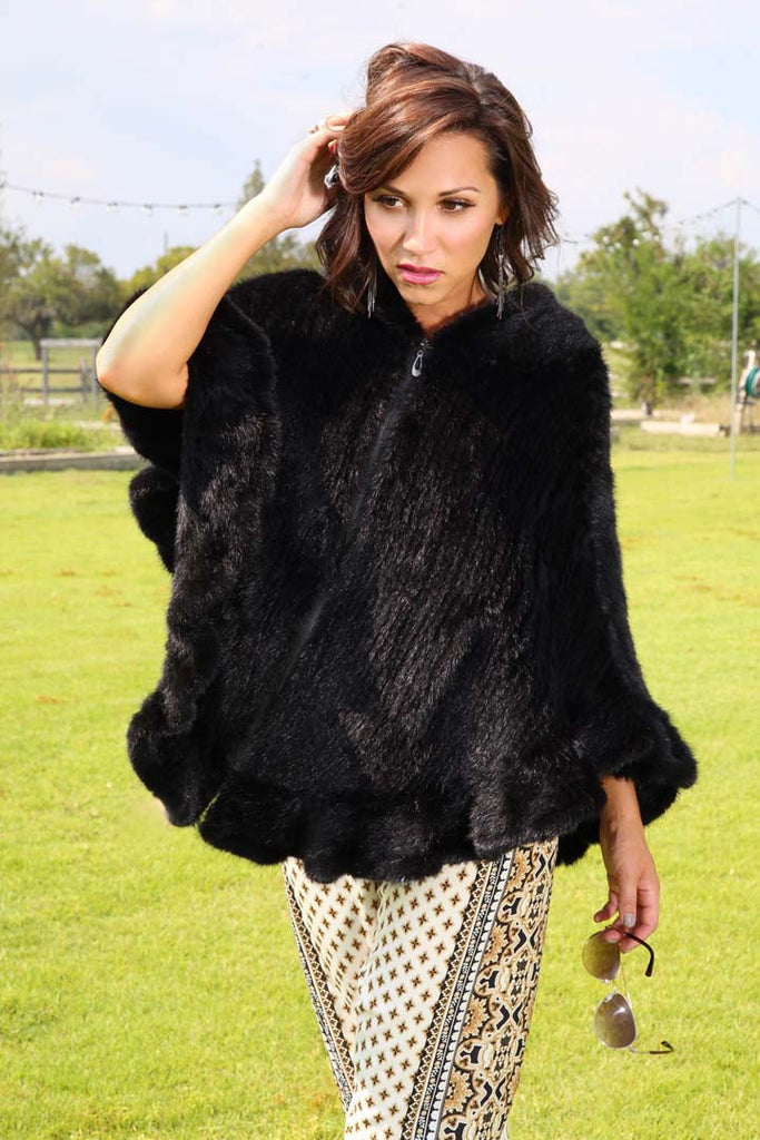 Black Knitted Mink Fur Cape with Hood & Zip Front