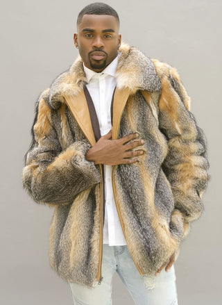 Men's Full Skin Natural Grey Fox Fur Bomber Jacket.