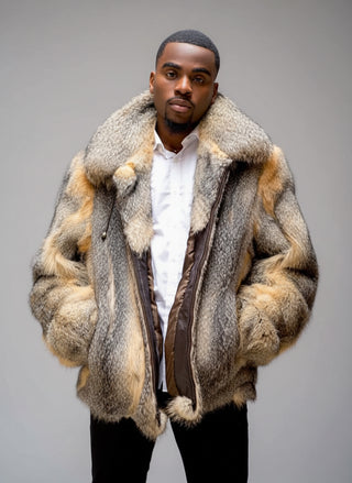 Men's Full Skin Natural Grey Fox Fur Bomber Jacket.