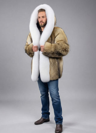 Custom Made Coyote Fur Jacket with Hood and Fox Fur Trim.