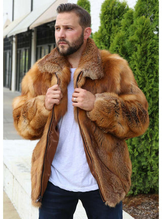 Men's Full Skin Natural Red Fox Fur Bomber Jacket.