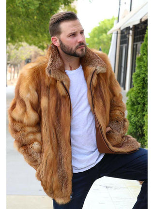 Men's Full Skin Natural Red Fox Fur Bomber Jacket.
