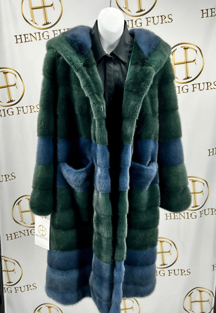 fur clearance - multicolor mink fur coat with horizontal pattern and front pocketes