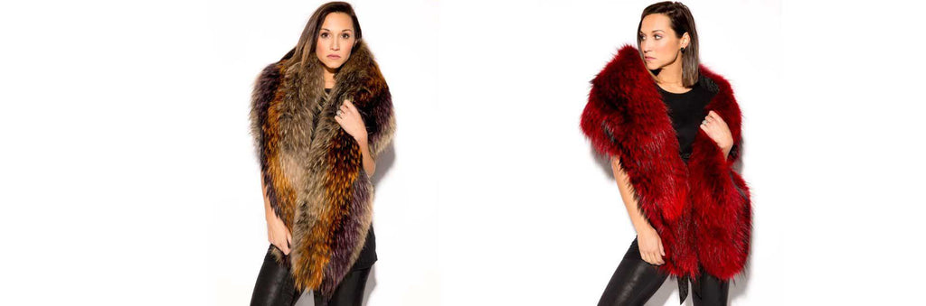Two women in raccoon fur shawls - Shop our Women's Scarves & Fur Flings Collection!