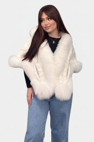white sheared sectioned mink fur cape with fox fur trim