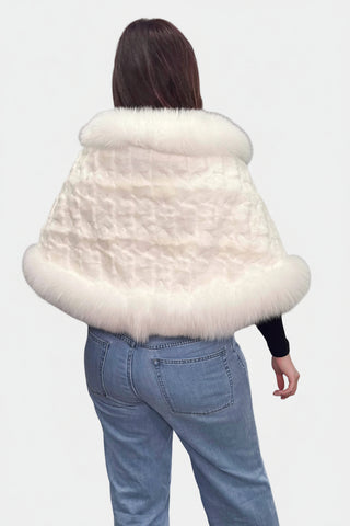 white sheared sectioned mink fur cape with fox fur trim