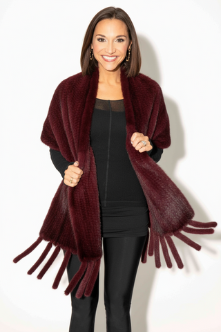 burgundy knitted mink fur shawl with fringe & pockets