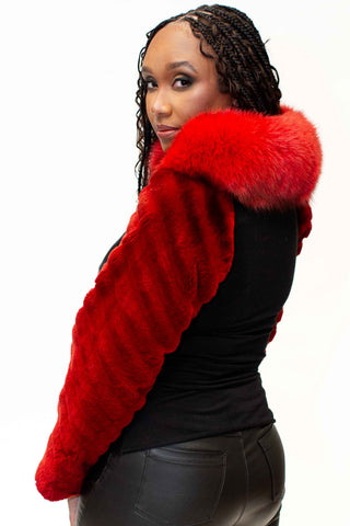 red sheared beaver fur sleeves with fox fur collar