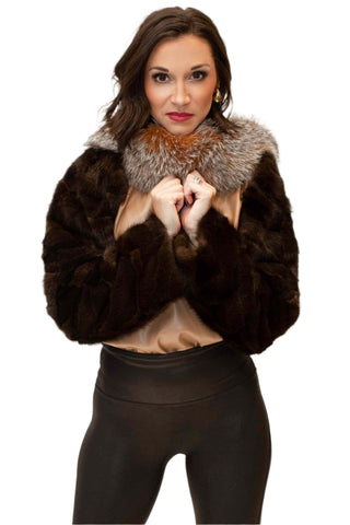 mahogany sectioned mink fur sleeves with crystal fox fur collar