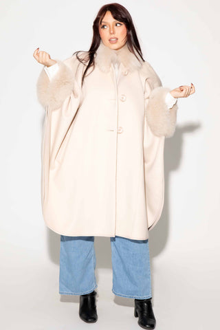 beige cashmere blend cape with fox fur trim