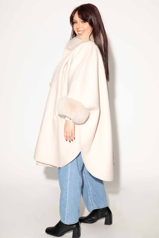 beige cashmere blend cape with fox fur trim