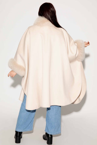 beige cashmere blend cape with fox fur trim