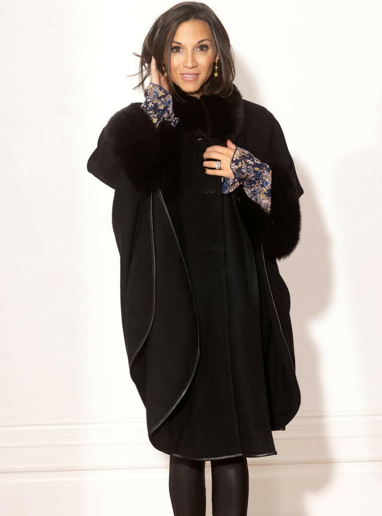 women's cashmere and wool blend cape with fox fur
