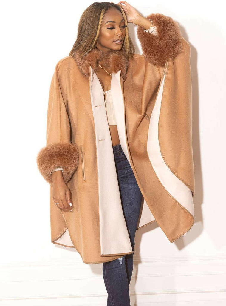 Camel Cashmere & Wool Blend Cape with Fox Collar & Cuffs