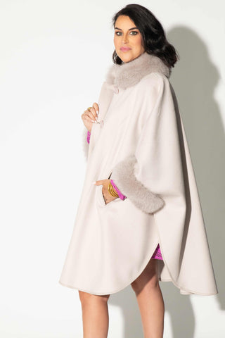 light gray cashmere blend cape with fox fur trim