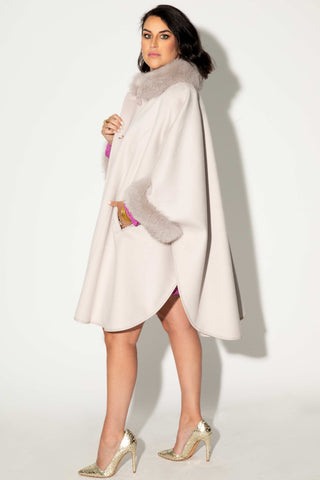 light gray cashmere blend cape with fox fur trim