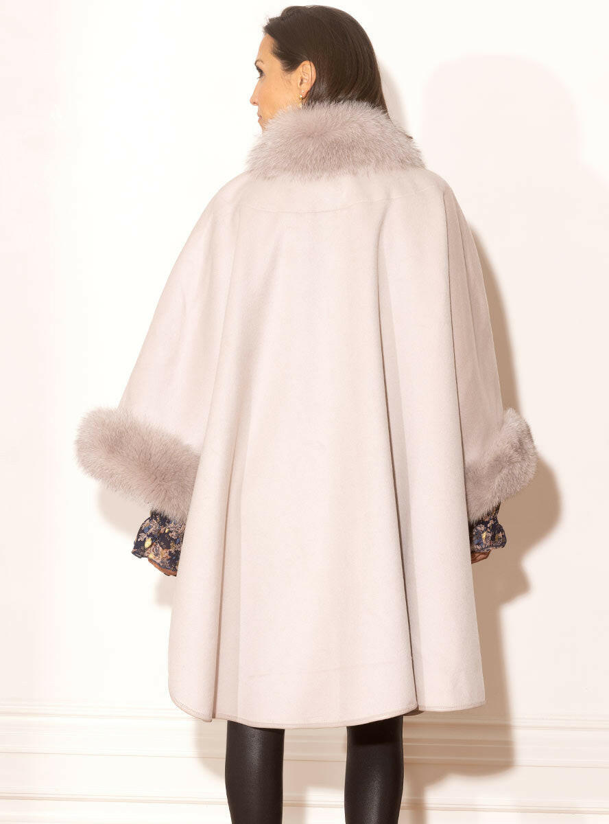 White Cashmere Cape with Genuine Fox Fur Trim for Women, One size fits all.