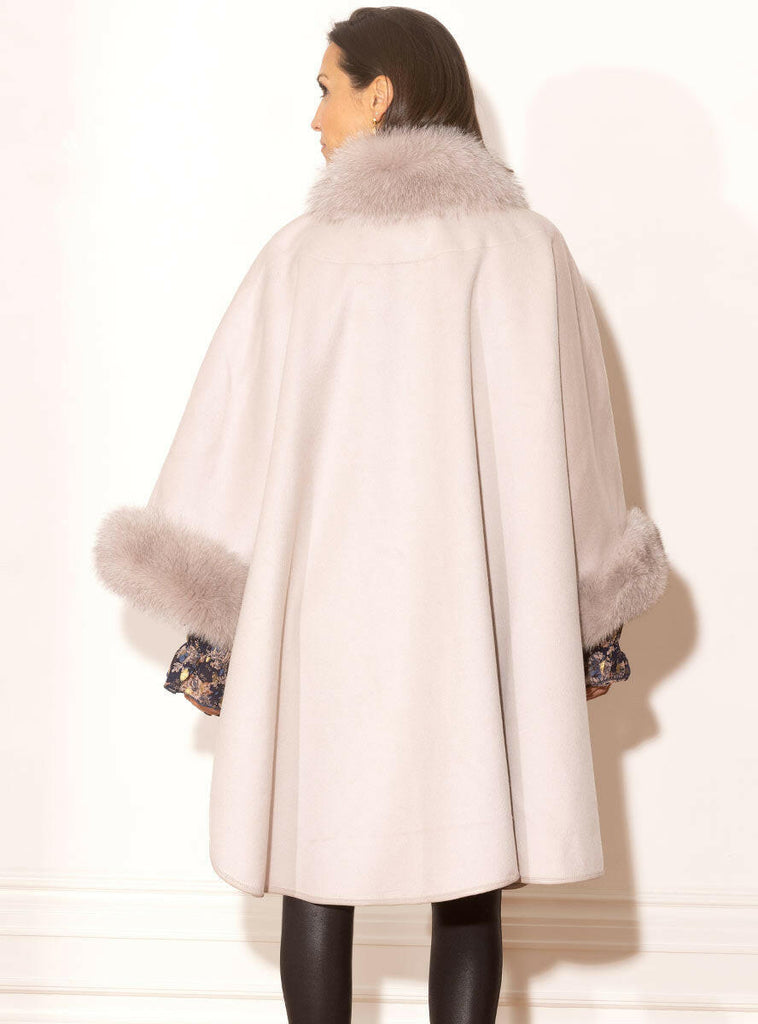 Light Gray Cashmere & Wool Blend Cape with Fox Fur Trim