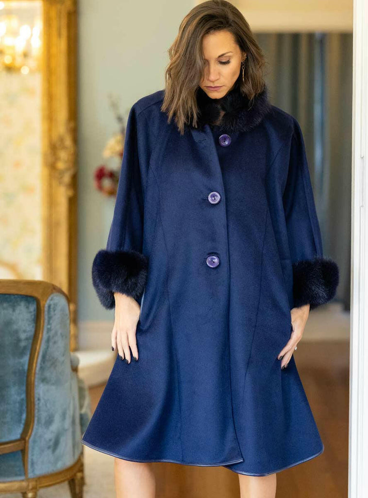 women's navy cashmere and wool blend cape with fox fur