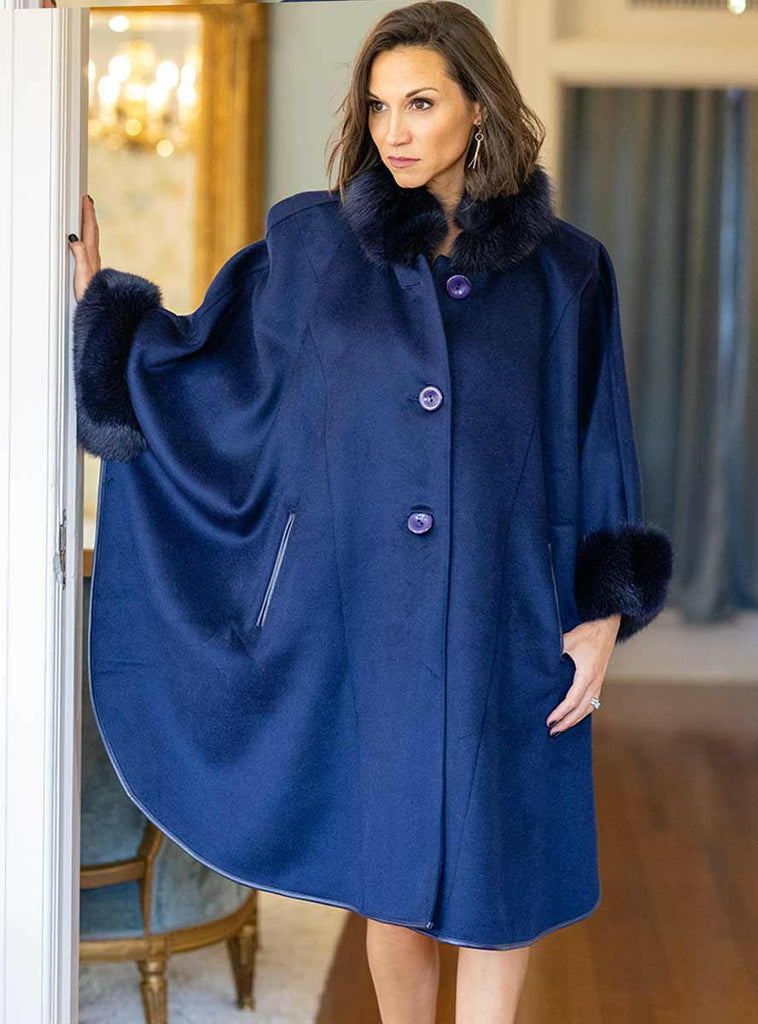 women's navy cashmere and wool blend cape with fox fur