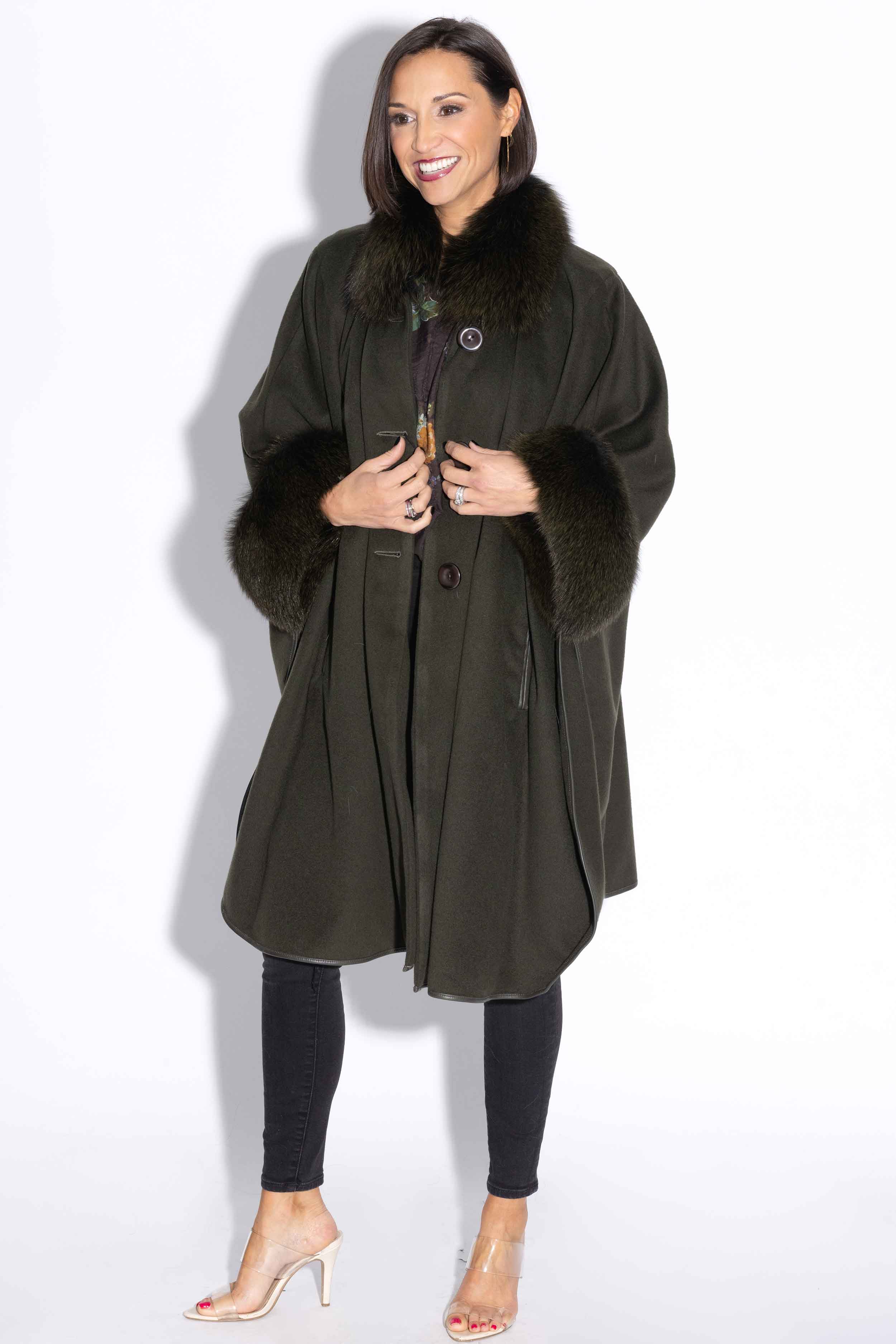 Cashmere & Wool Blend Cape with Fox Fur Trim – Henig Furs