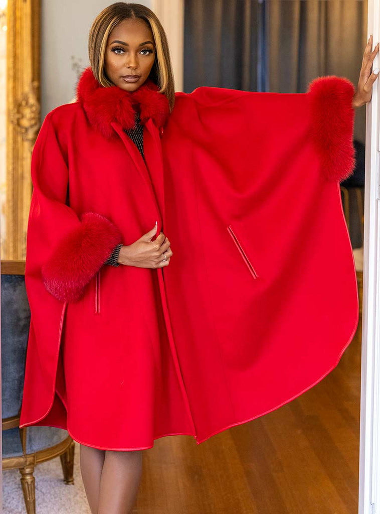 red cashmere & wool blend cape with fox fur collar & cuffs