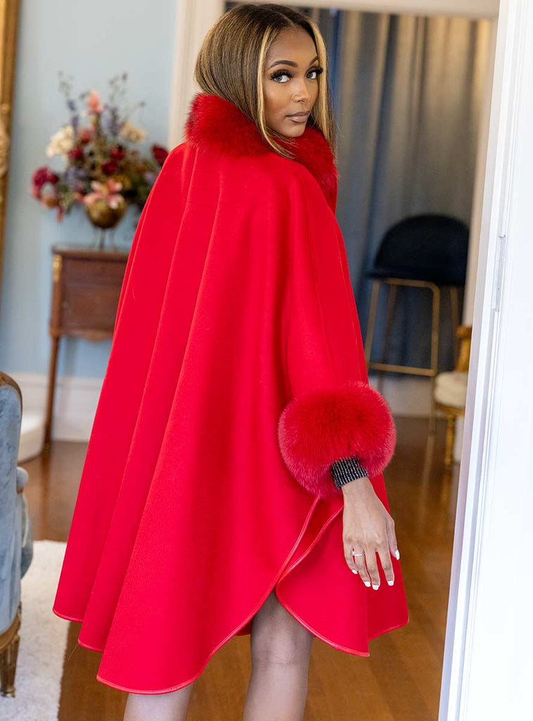 red cashmere & wool blend cape with fox fur collar & cuffs