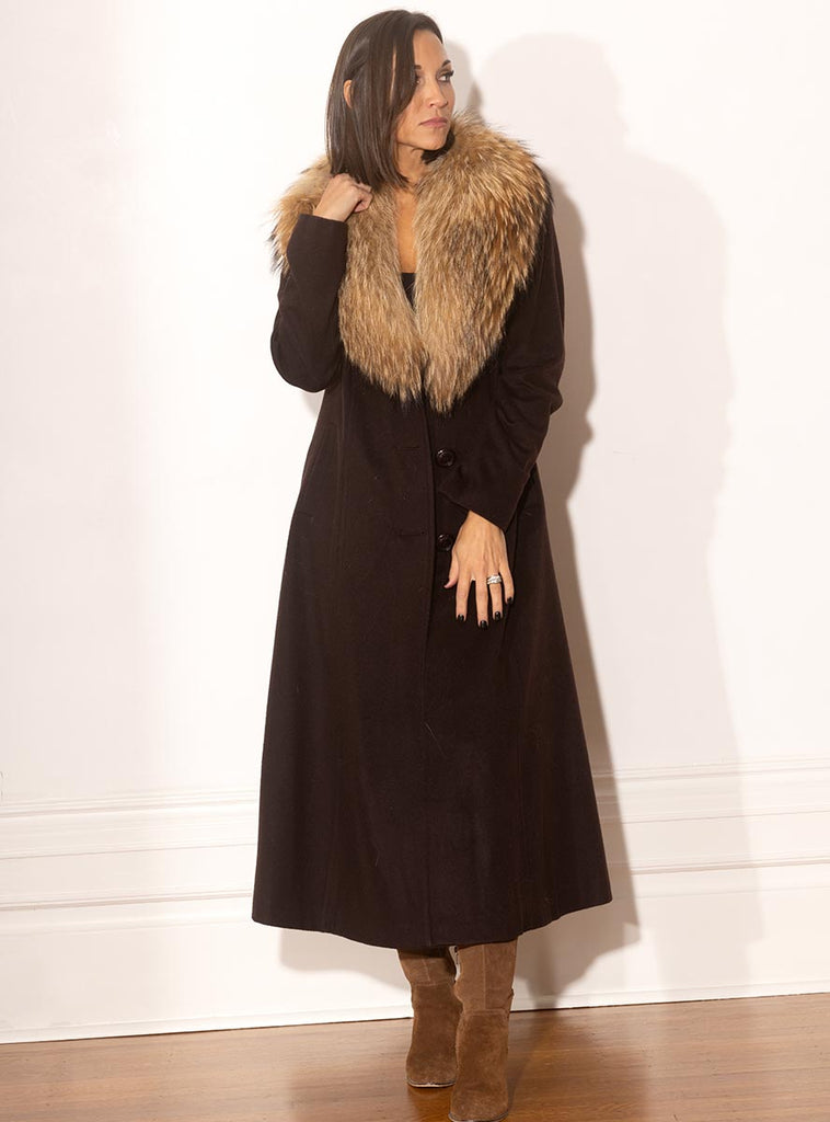 Brown Cashmere Coat with Natural Raccoon Fur Collar