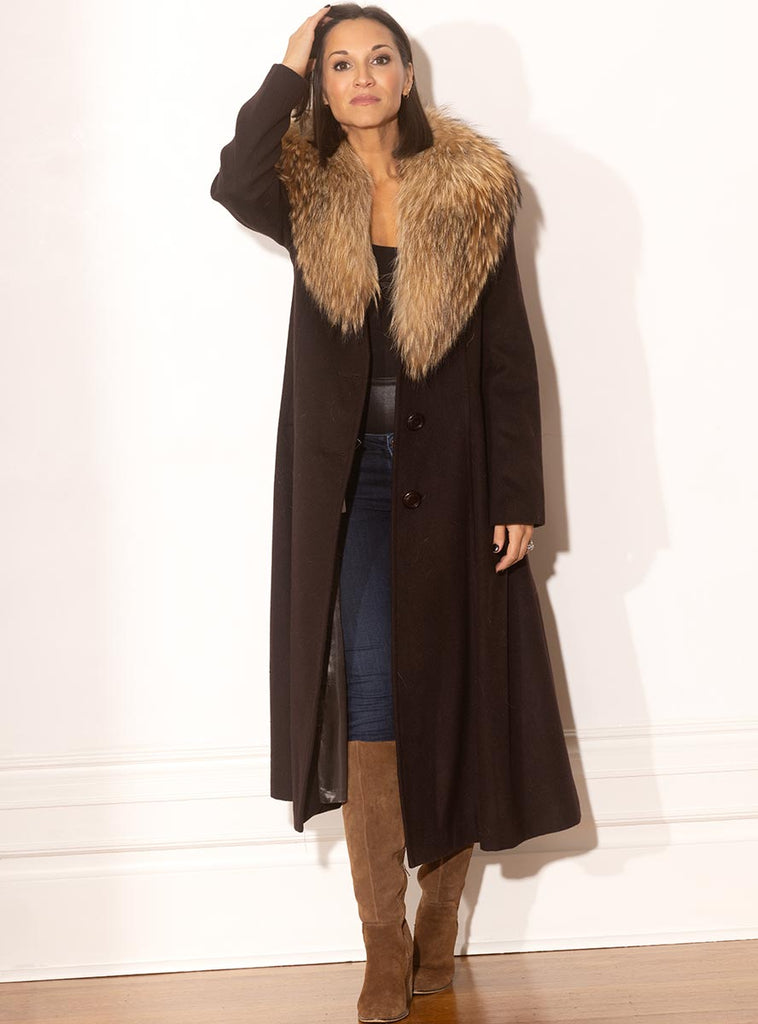 Brown Cashmere Coat with Natural Raccoon Fur Collar