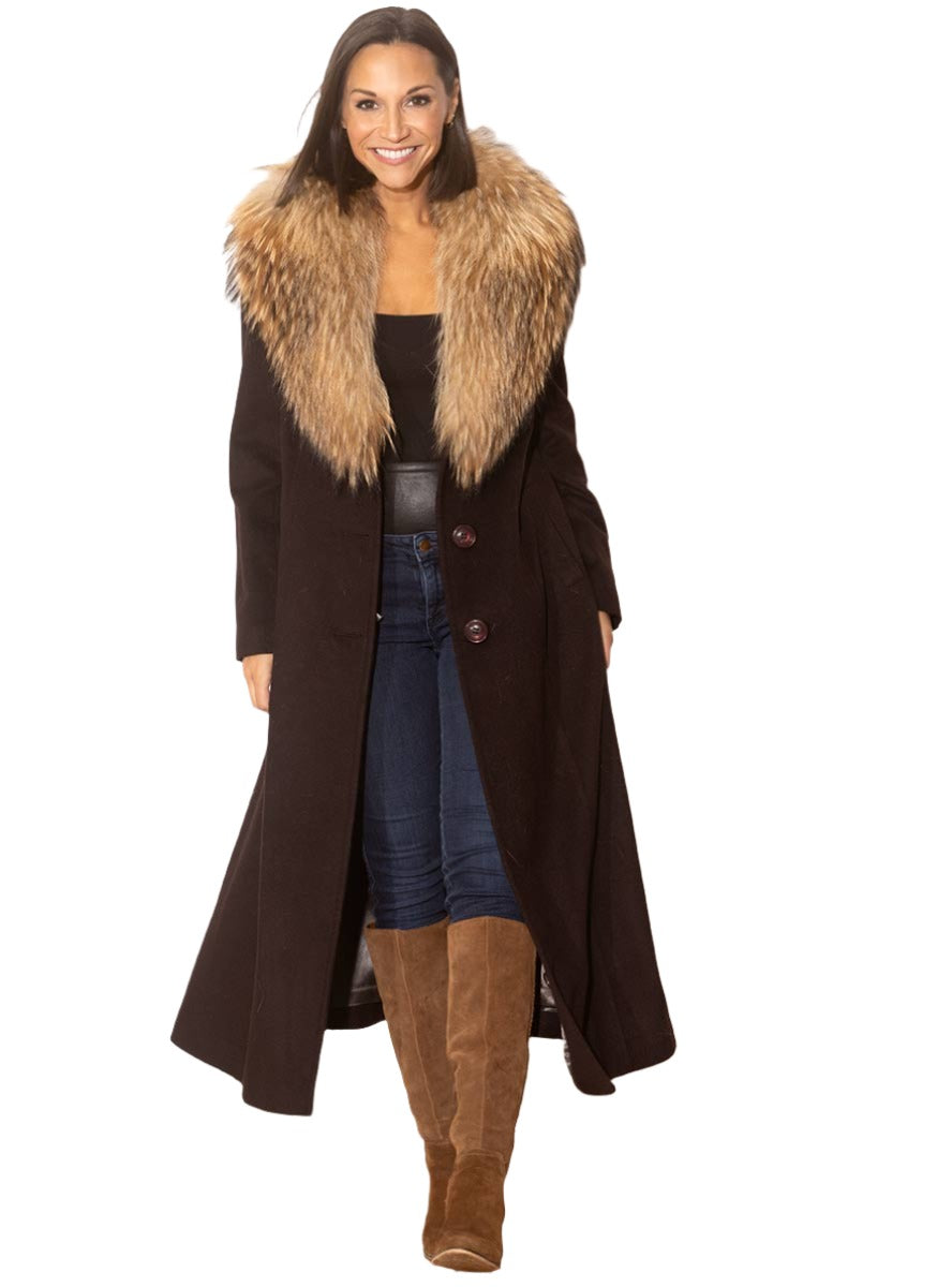 Women's Cashmere Faux Fur Collar And Cuffs Reversible Belted Coat Jacket :  : Clothing, Shoes & Accessories